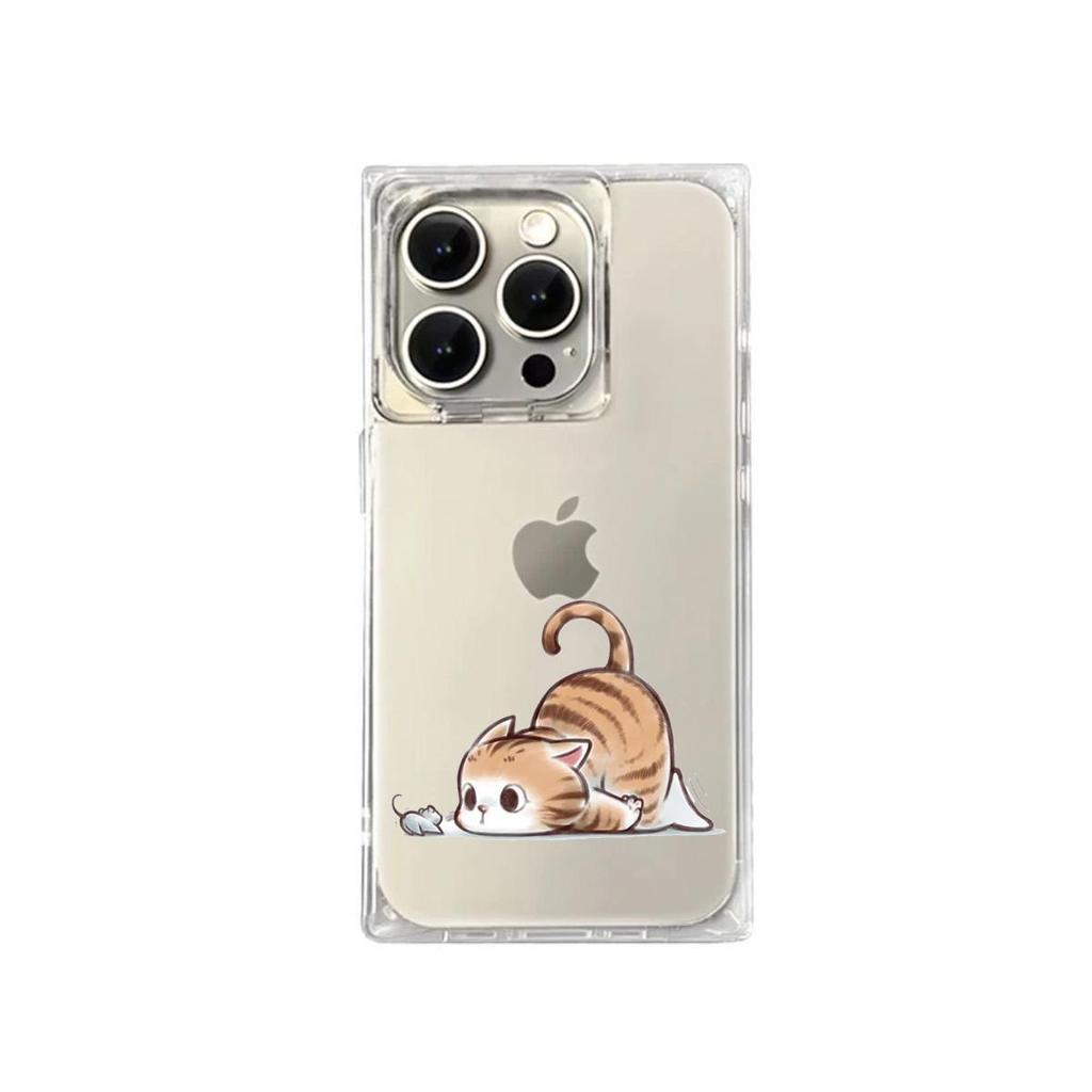 Square Back Tube Protection Clear Case For iPhone 12 13 11 16 ProMax 15 Plus 14 Pro Max Anti-Oxygen,Flower Cat And Mouse Eye Contact Pattern Casing