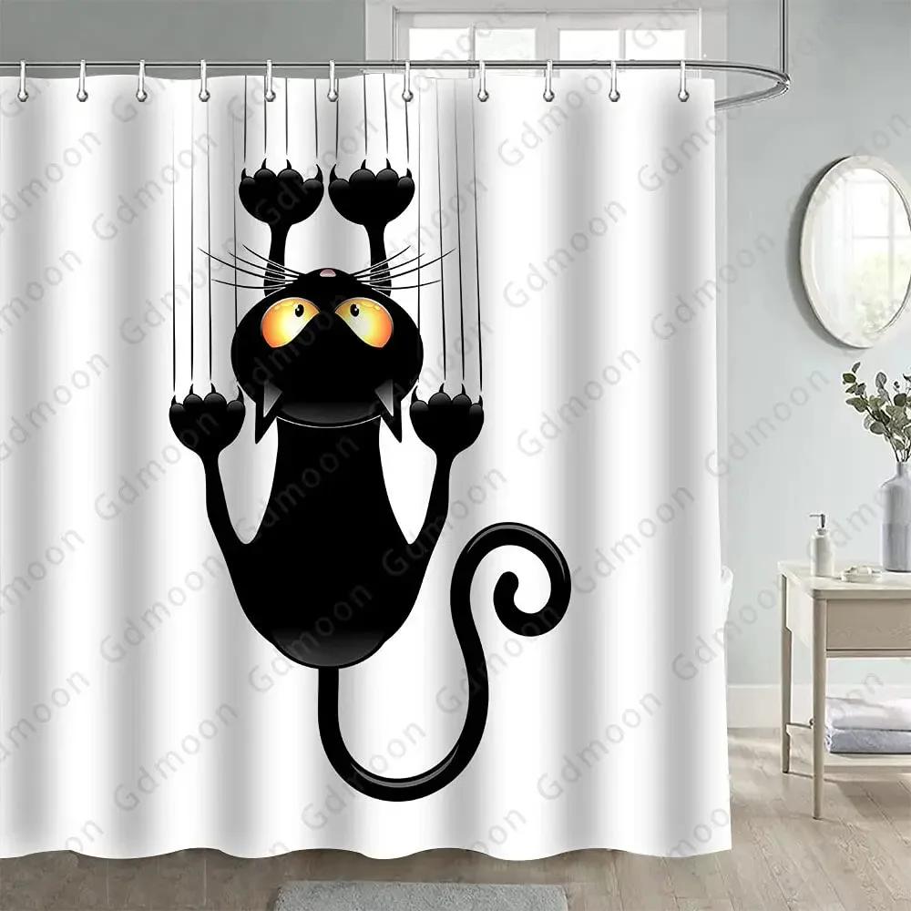 Egyptian Cat Shower Curtain Ancient Black Cat Animal Mystic Wizard Divination Astrolabe Moon Starry Sky Tarot Bathroom Curtain
