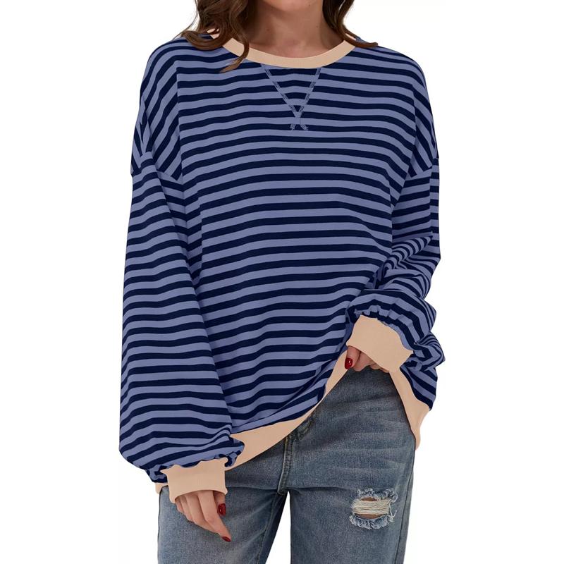 Autumn Winter Casual Loose Women's Cotton Sweatshirts Striped Pattern Crew Neck Full Sleeve Sports Hoodie