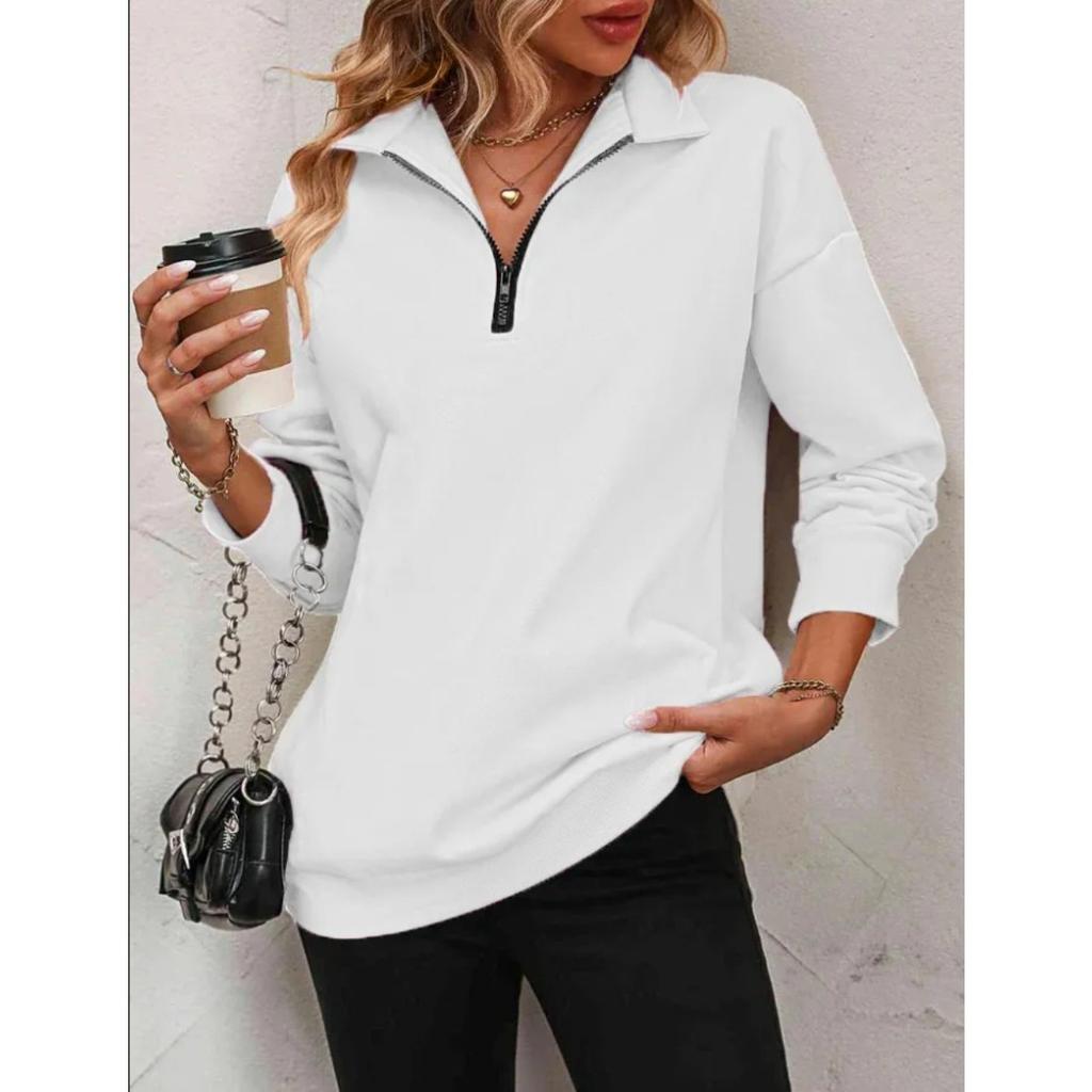 Felpa da donna con mezza zip e maniche lunghe, vestibilità ampia, casual, tinta unita, top pullover