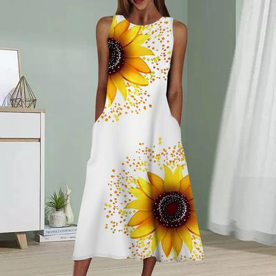 Sommermode Sexy Ärmelloses Kleid Weiches Lässiges 3D Sonnenblumenmuster Kleid Ärmelloses Trägerkleid