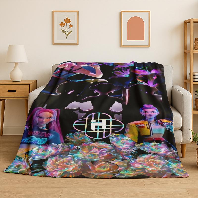 Kpop Demon Hunter Rumi Mira Zoey Cartoon Group Flannel Blanket Soft Warm Throw Blanket for Bedroom Living Room Bed Travel Gift