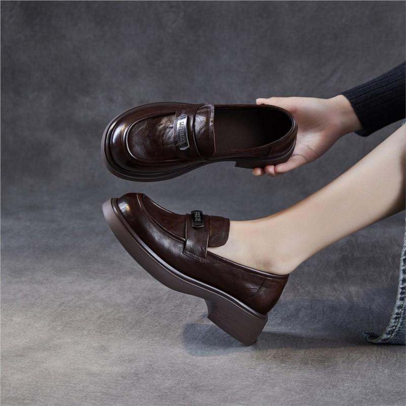 Johnature Genuine Leather Women's Shoes Soft Soled Loafers British Style Thick Soled Slip-on Shoes