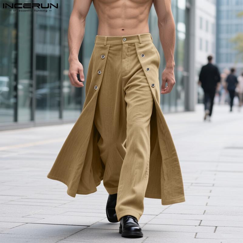 INCERUN Winter Men Zip-up High Waist Double Layers Corduroy Casual Long Pants Trousers