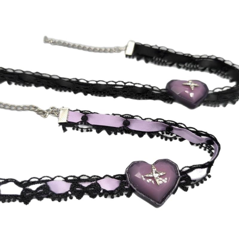 Qianxi Genre  Inspired Adjustable Necklace Featuring Lace Trim And Heart Shaped Pendant