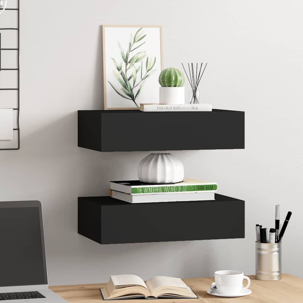 Vidaxl Półki Ścienne Z Szufladą, 2 Szt., Czarne, 40X23,5X10 Cm, Mdf