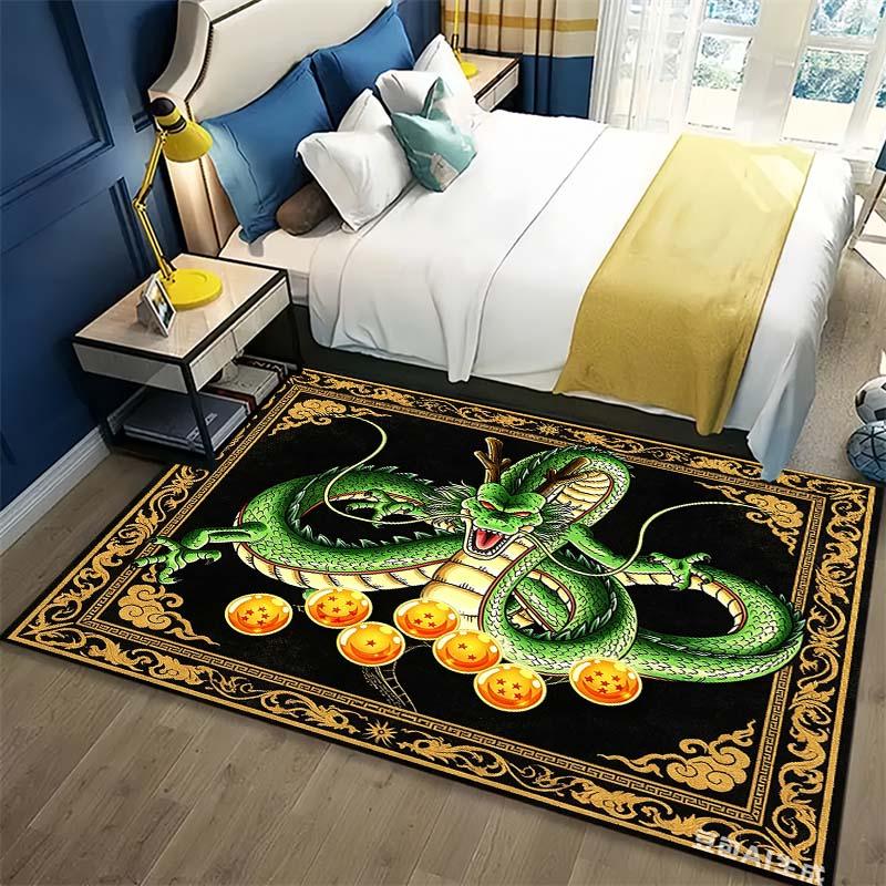 Anime Dragon With Golden Ornate Border Print Area Rug, Cartoon Non‑Slip Floor Mat for Living Room Bedroom Home Decor