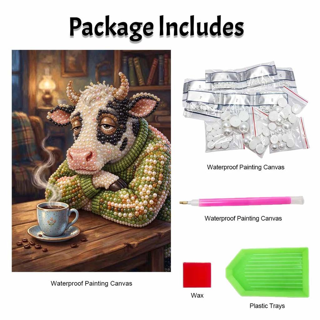 Coffee Cow Pearl Painting Kit with Frame Sparkling Bead Canvas Creative Leisure Craft for Relaxing Wall Decor Gift DIY Art Hobby Project