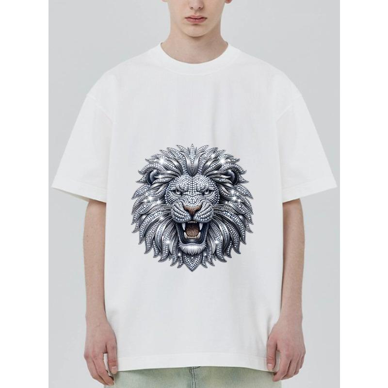 Black T-Shirt with Silver Lion Head Print for Casual Wear
