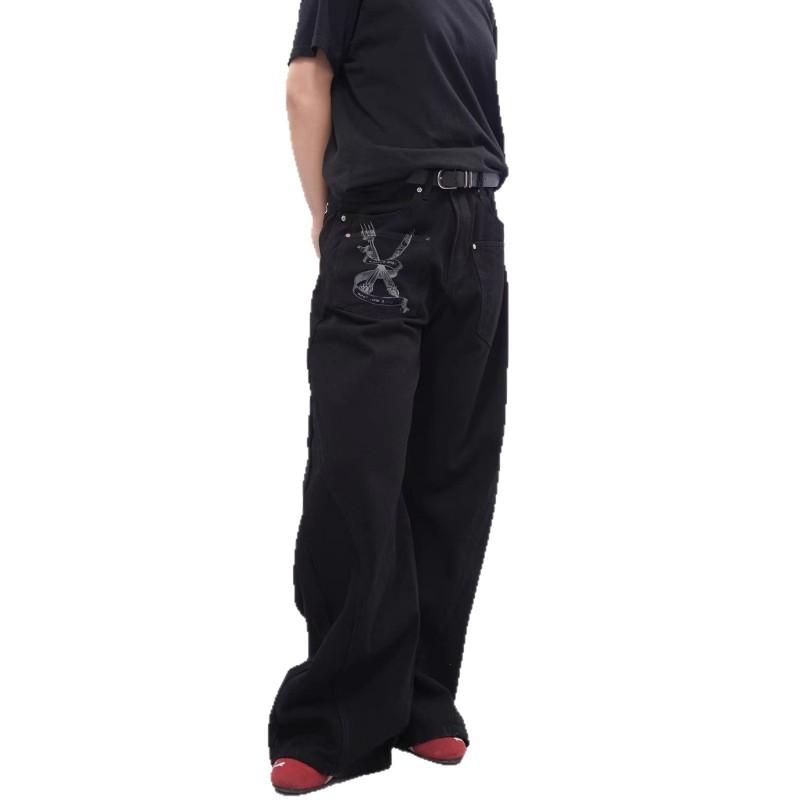 Vintage Streetwear Denim Pants With Bold Letter Graphic Patchwork Loose Fit High Waist Straight Leg Men Women