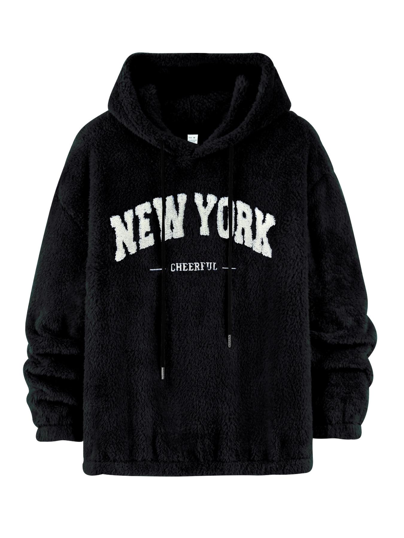Mens Loose Long Sleeve Hooded Warm Fleece Letter Embroidery Casual Sweatshirt S