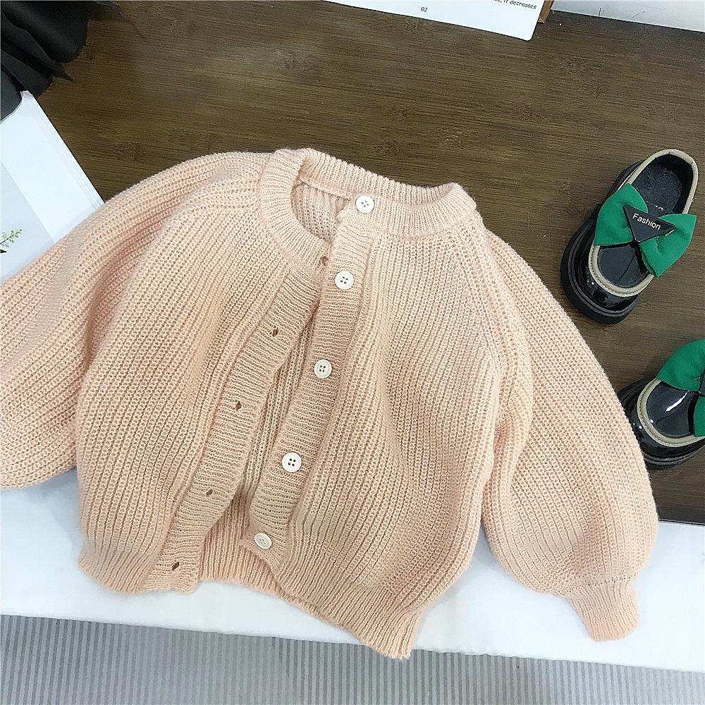 Kids' Korean Mohair Bubble Sleeve Knitted Cardigan & Floral Stand Collar Dress