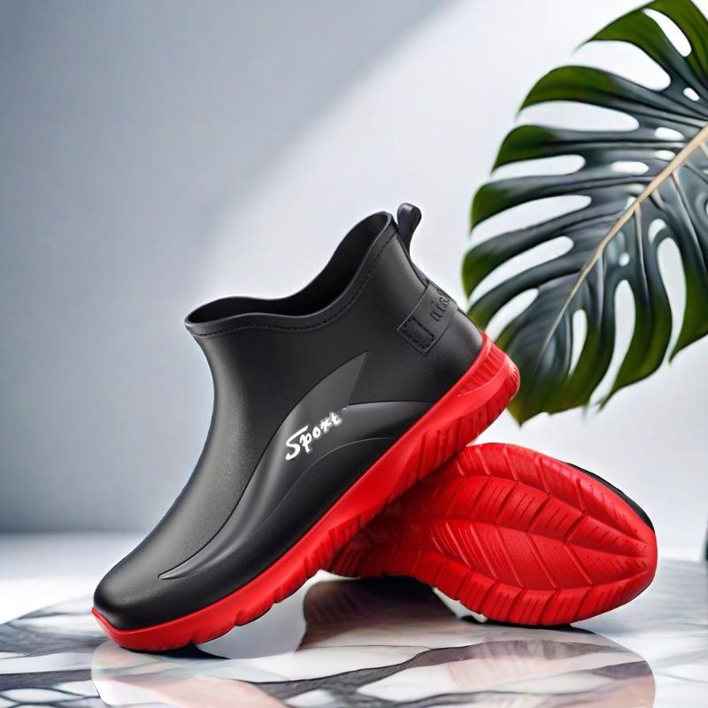 Black and red flat heel waterproof rubber shoes men's rain shoes fashion outdoor rain boots rider wading boots men's rubber shoes