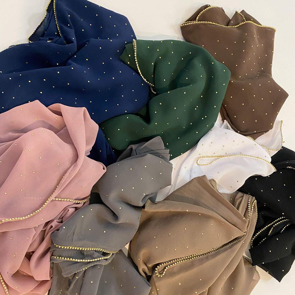 Diamond Chiffon Hijabs Scarves Women Muslim Shawls Rhinestone Headscarf Wraps Turban Islamic Clothing Solid Bandana Bufandas