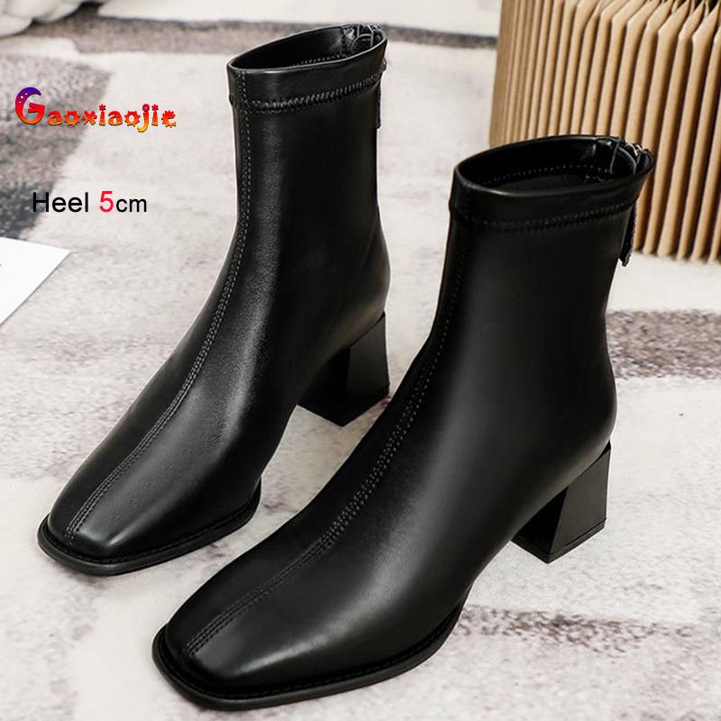 New High Heel Women's Boots Autumn Winter Plucked Mid-calf Boots Fashion Solid Color Soft Leather French Style Square Head Shoes