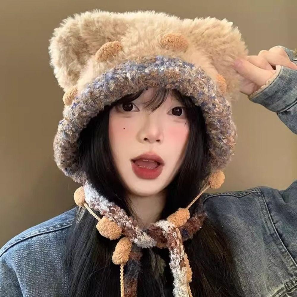 Ear Protection Bear Ear Plush Hat Fluffy Beanies Cap Leisure Winter Warm Hat  Winter/Autumn