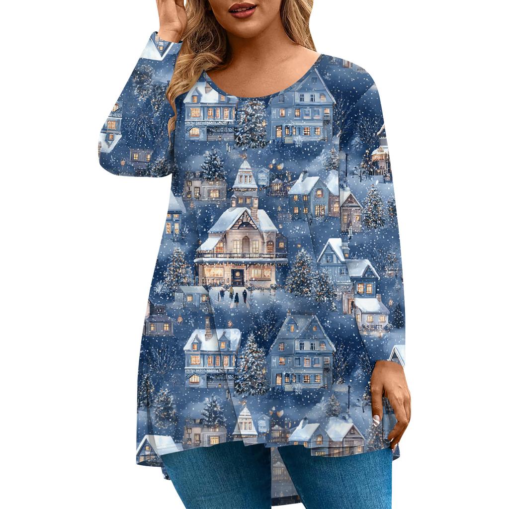 Women's Fashionable Casual Long Sleeved Plus Size Print Top Plus Size Floral Print Top