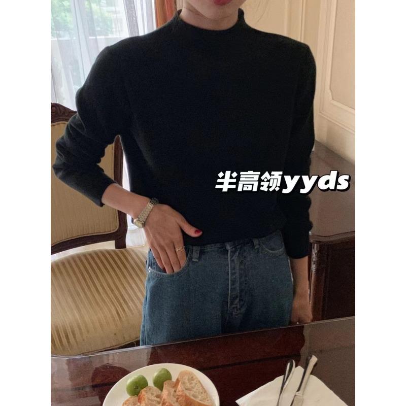 Temperament Soft Waxy Semi-turtleneck Sweater Bottoming Shirt Women's Autumn and Winter Velvet Thickened Solid Color Knitted Top with Inside