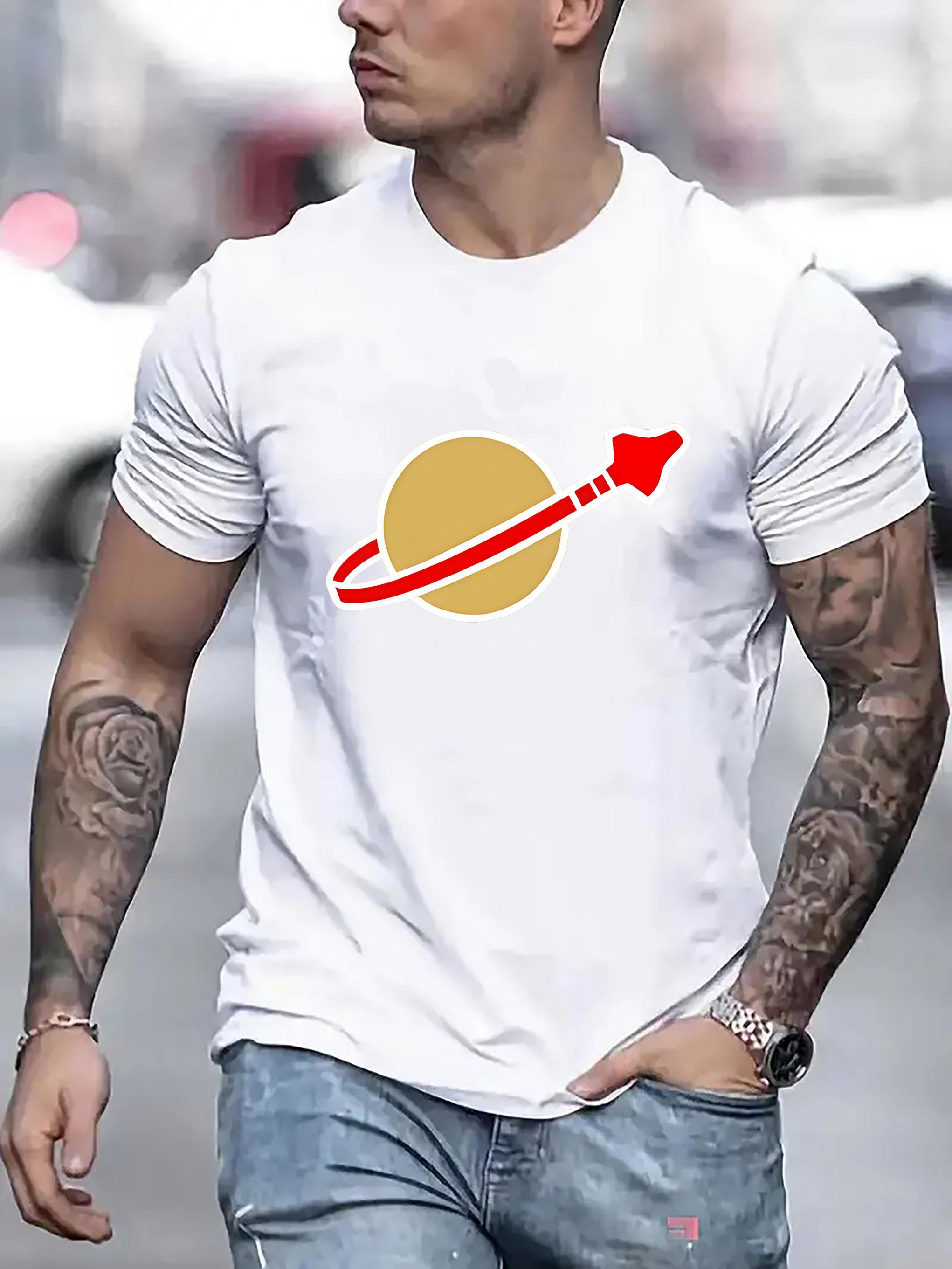 

Creative Abstract Saturn Men S Fashion Trend Pattern Print, Men S Round Neck Casual Short Sleeve T-Shirt for Vacation Camping, Comfortable Summer Top S белый