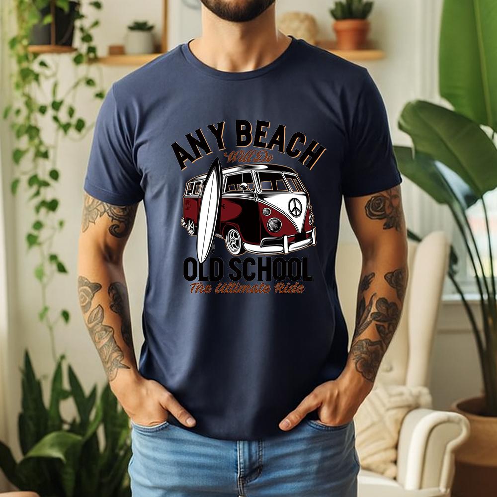 Vintage Old School Surf Bus Surfboard Print Unisexs T Shirt Loose Short Sleeve Crew Neck Beach Vacation Casual Tees