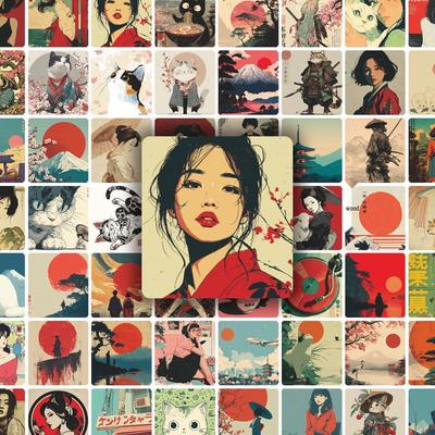 58 Fogli di Adesivi Culturali Giapponesi Retrò: Illustrazioni di Ragazze in Stile Giapponese per Diari & Quaderni