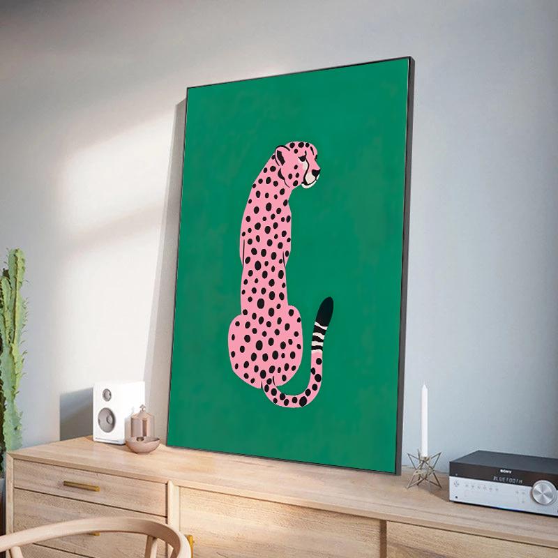 Rosa Gull Leopard Grønn Plakater og Trykk Lerretsmalerier Dyr Veggkunst Bilder for Moderne Stue Veggdekorasjon