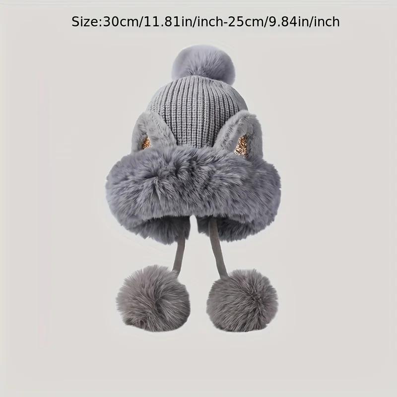Women's Faux Fur Cat Ear Beanie – Glitter Accents & Plush Pom-Pom Thick Warm Skull Cap with Elastic Cuff Windproof Winter Hat
