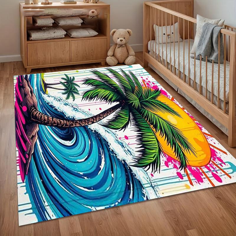 Weicher rutschfester kräftiger tropischer Strand-Teppich mit lebendigem Palmen- und Wellen-Design für Kinderzimmer Schlafzimmer Wohnzimmer Dekoration