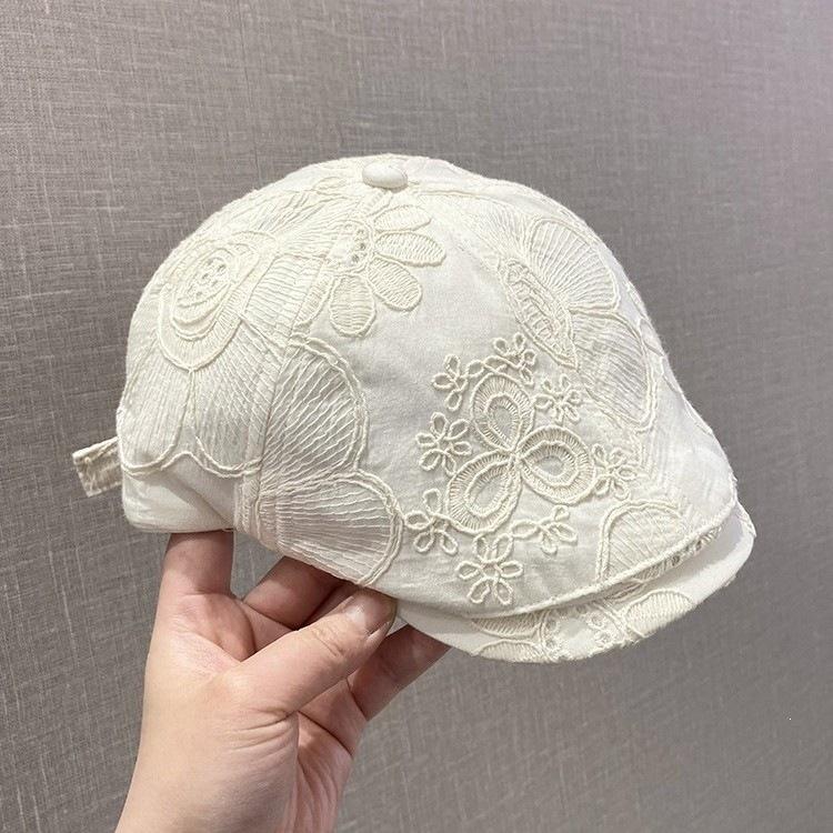 Thin Embroidered Flower Forward Hat Children Spring and Summer Literary and Retro Versatile Breathable Face Ducktongue Beret