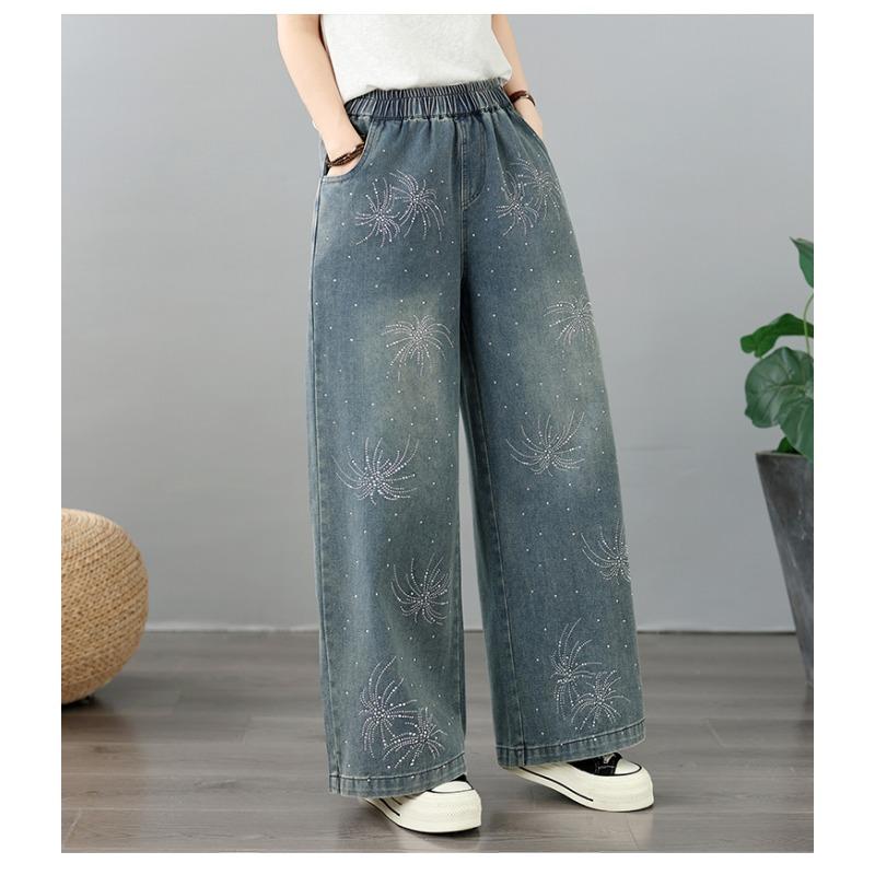 DIMANAF 2026 Summer New Plus Size Women Jeans Elastic Waist Long Pants Beading Loose Casual Denim Cotton Trousers Fashion Lady
