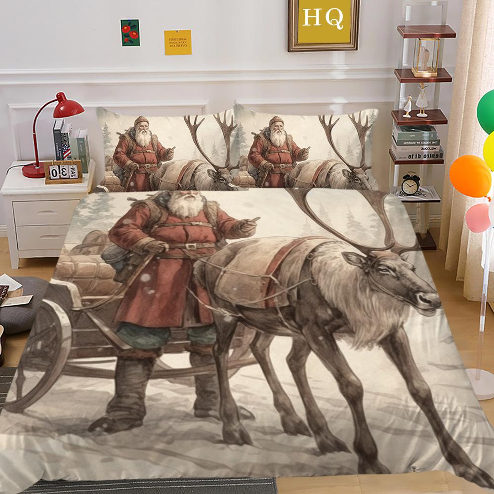 Jultomte Älg 3D-tryckt Polyester Örngott Täcke Två- eller Tredelat Set Tillgängligt