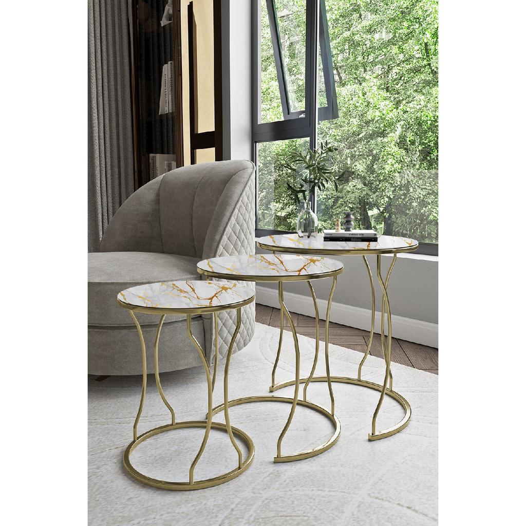 Rya 3-seat Nesting Coffee Table Gold Color Metal Leg, Marble Patterned Shatterproof Glass
