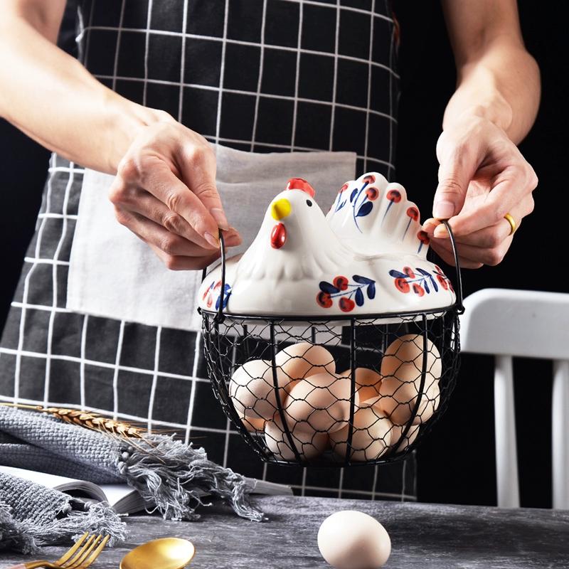 1pc Farmhouse Hen-Shaped Ceramic Egg Baske -Ceramic Egg Holder with Lid,Rustic Kitchen Organizer for Fruits/Veggies