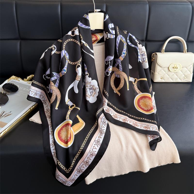 New European Court Imitation Silk High-end Square Scarf Silk Scarf Printed Shawl Scarf Sunscreen Scarf Headscarf Scarf