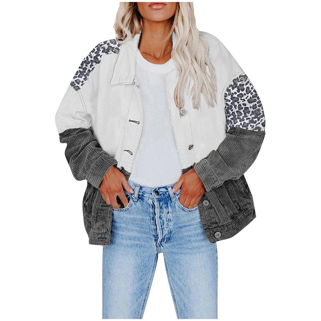 Fashion Women's Loose Lapels Long Sleeves Leopard Print Corduroy Patchwork Shirt Button Tops