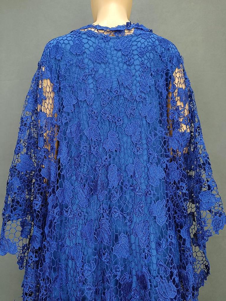 Plus Size African Women's Loose Long Robe Dress with Water Soluble Lace & Short Sleeves