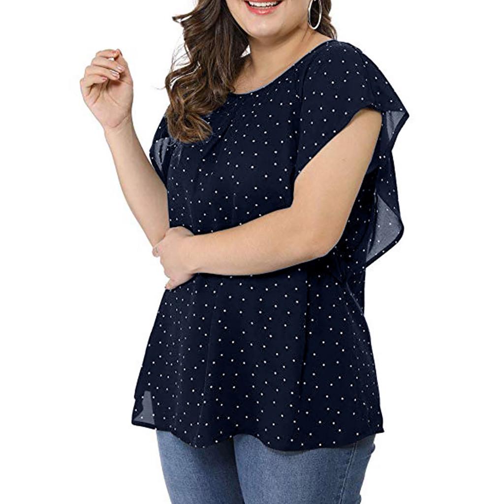 Women's Summer Plus Size Ruffle Sleeve Shirt Top Polka Dot Chiffon Blouse
