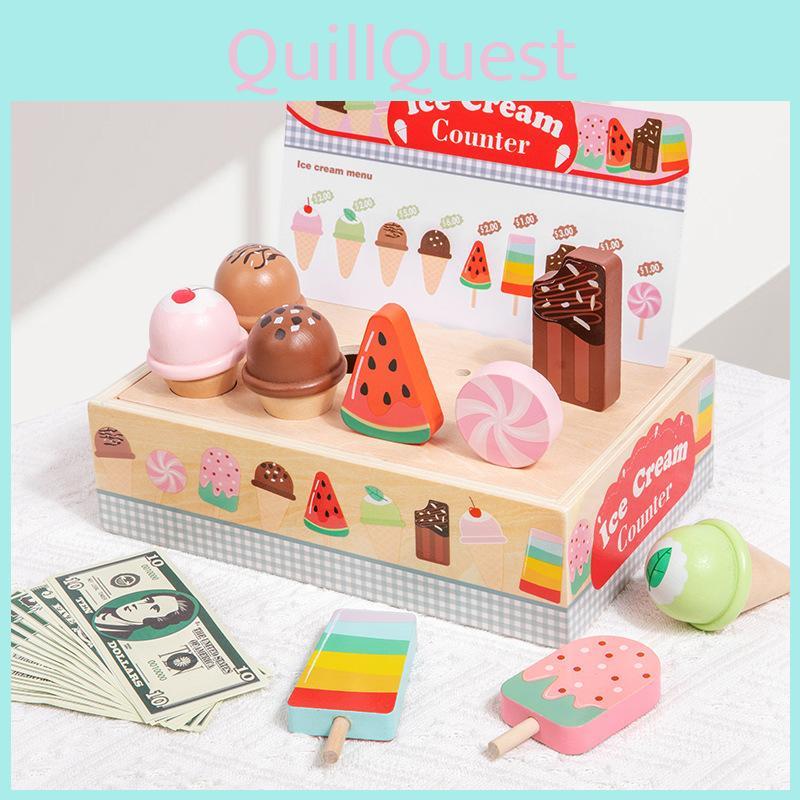Wooden Simulation Ice Cream Vending Cabinet Model Children Toy Set For Kids Imaginative Pretend Play