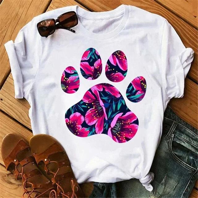 Women's Large Size Short Sleeve Crewneck T-Shirt Cartoon Hand-Painted Dog Paw Print Warm Polyester Fabric Summer Fashion