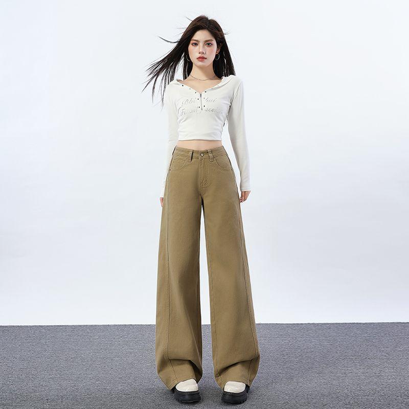 Spring Summer Vintage Raised Side Seam Unique Design Slim Floor Wide Leg Denim Pants For Women Casual Pants Oversize Denim Trousers