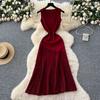 High-end Knitted Splicing Irregular Mesh Dress Women's Summer French Waist and Thin Temperament Sleeveless Long Dress