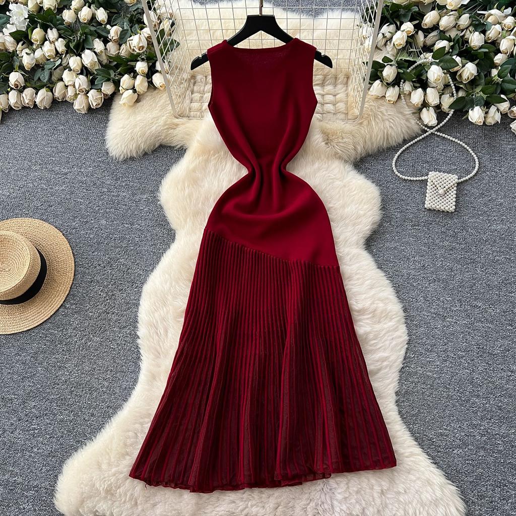 High-end Knitted Splicing Irregular Mesh Dress Women's Summer French Waist and Thin Temperament Sleeveless Long Dress