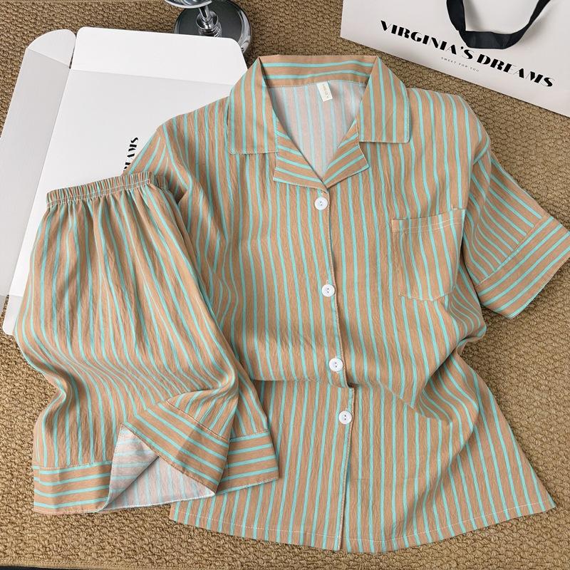 Korean simple contrasting striped pajamas women's new summer loose lazy short-sleeved shorts loungewear two-piece set