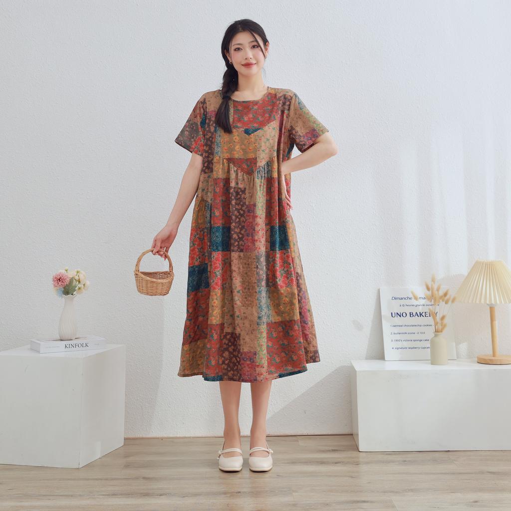 DIMANAF 2025 Women Plus Size Summer Dress Casual Floral Dress Basic Vintage Loose Long Dress Maxi