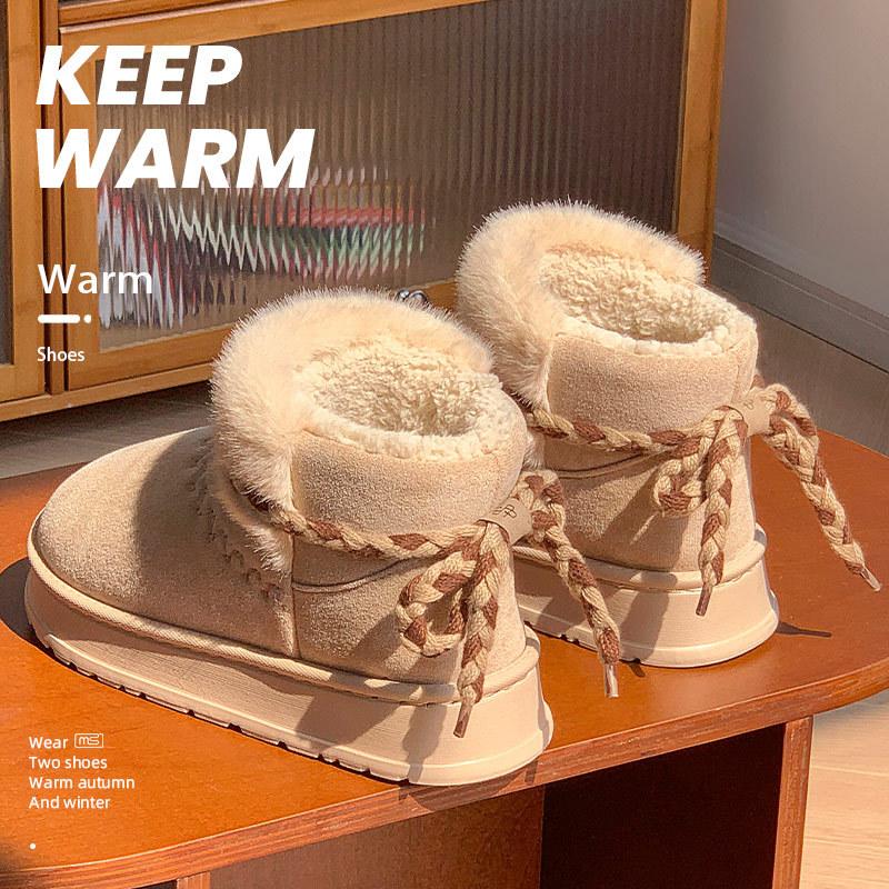 

Winter new reverse bow strap thick-soled cotton boots snow shoes solid color soft-soled cotton mop 36-37 абрикосовый