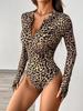 2024 Leopard Print Sexy Zipper Bodysuit - Women's Long-Sleeve