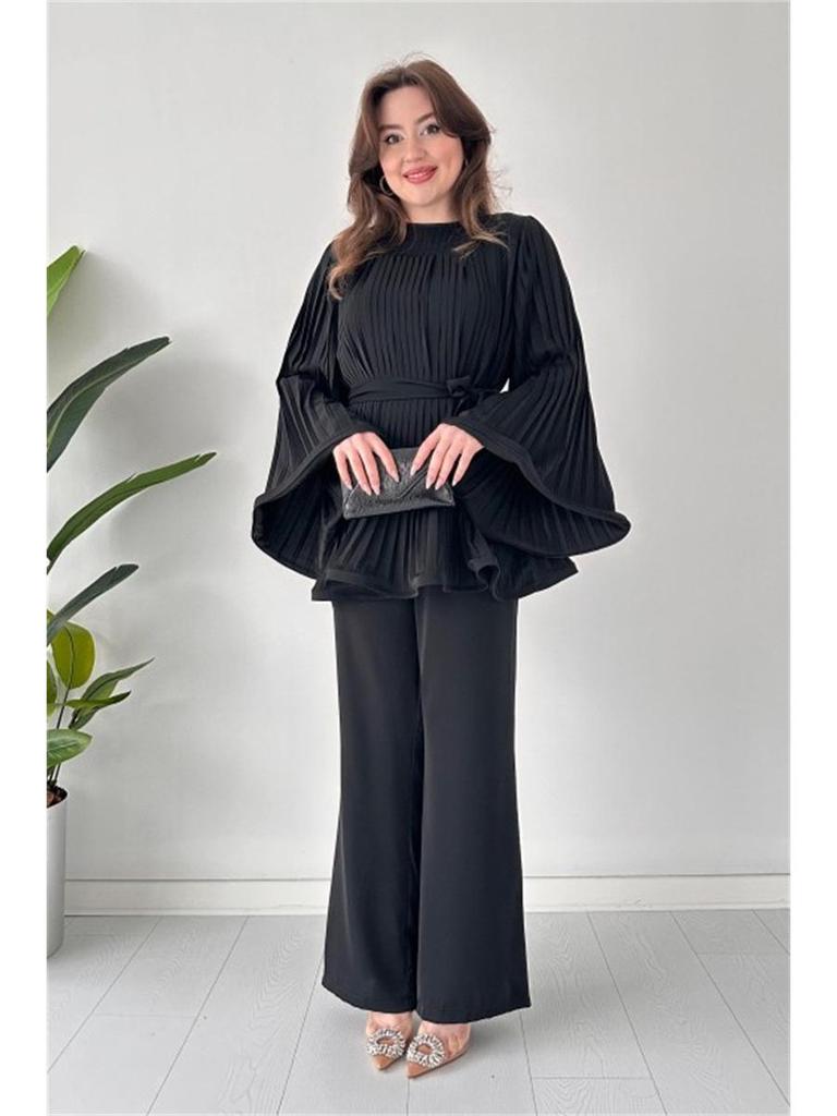Nuovo Set Moda Donna 2024: Top Pieghettato con Lacci e Pantaloni a Gamba Larga