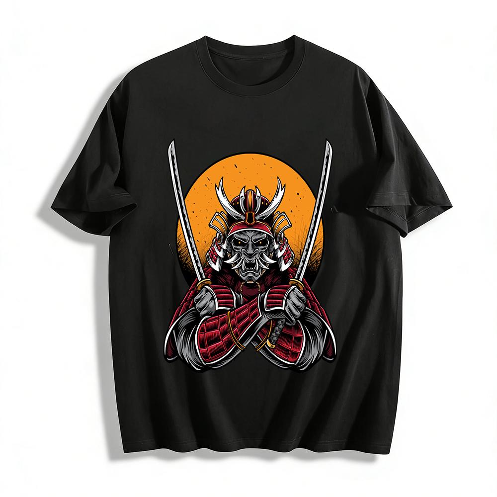 Dark Samurai Dual Swords Print Tee Retro Japanese Street Style Top Pure cotton T-shirt XXS