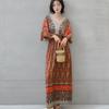 Ethnic Style V-neck Cotton and Silk Short-sleeved French Thai Style Dress for Women's Summer Printing Pastoral Style Skirt for Vacation Wear