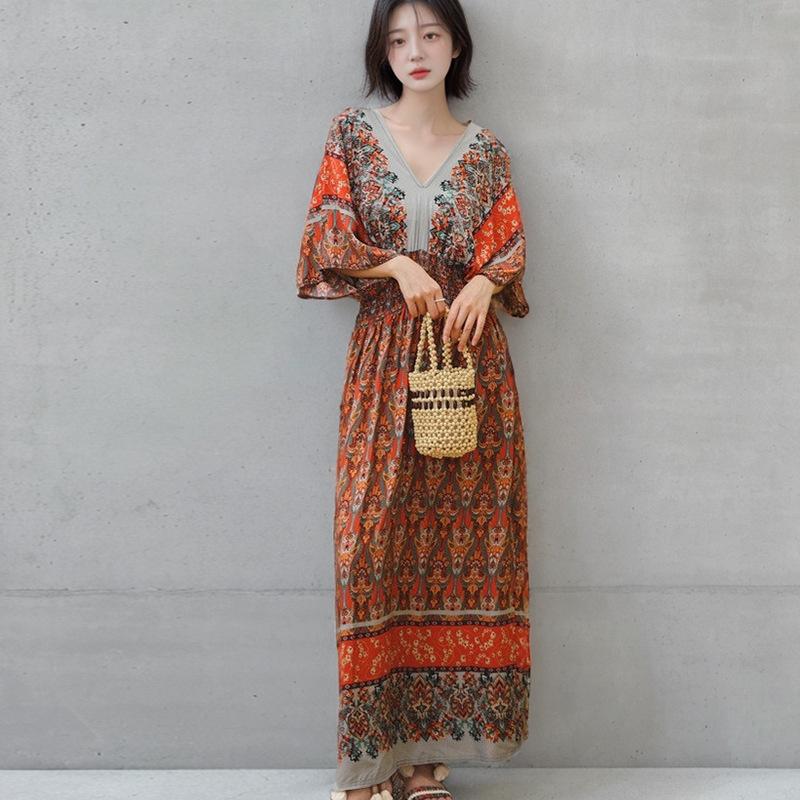 Ethnic Style V-neck Cotton and Silk Short-sleeved French Thai Style Dress for Women's Summer Printing Pastoral Style Skirt for Vacation Wear